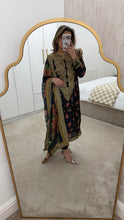 Load image into Gallery viewer, Black silk floral embroidered 3 piece suit with silk duppata