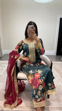 Load image into Gallery viewer, silk green floral embroidered 3 piece suit with khadi net duppata