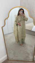 Load image into Gallery viewer, Olive / Teal/ white baroque inspired organza suit with embellishment and embroidery with organza duppata and trouser. Asian party wear suit.