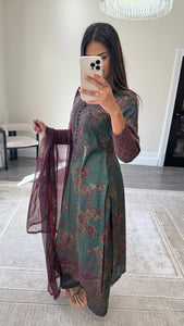 Maria B inspired embroidered lawn suit green and plum