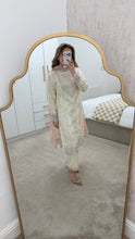 Load image into Gallery viewer, White sparkle chiffon embroidered suit with cotton net duppata and crepe trouser