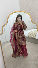 Load image into Gallery viewer, Pink Organza embellished 3 piece suit with wide leg silk trouser Eid collection party wear