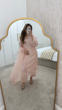 Load image into Gallery viewer, Korean raw silk suit with emrboidery and lace details. Organza duppata. Party wear. Eid collection.