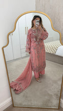 Load image into Gallery viewer, Light Pink Maria b inspired chiffon suit with embellishment and embroidery with chiffon duppata and trouser. Asian party wear suit.