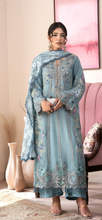 Load image into Gallery viewer, Maria B inspired collection. Chiffon shirt with embroidery and embellishments. Trouser and duppata.