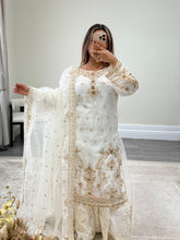Load image into Gallery viewer, Elegant white beauty diamonte 3 piece suit with organza duppata and sharara