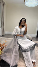 Load image into Gallery viewer, Raw silk black and white hand embroidered 3 piece suit with organza duppata