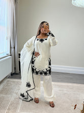 Load image into Gallery viewer, Cream and black embroidered cotton silk suit with shalwar and organza duppata with embroidery.
