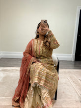 Load image into Gallery viewer, DEFECTIVE Baroque inspired golden chiffon embroidered suit with sharara with chiffon duppata. (Copy)
