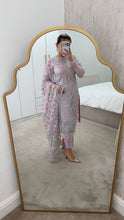 Load image into Gallery viewer, Defective Lilac / silver cotton net embroidered suit with cotton net duppata and crepe trouser (Copy)
