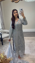 Load image into Gallery viewer, Cutdana grey/blue suit with embroidered cotton net duppata and trouser. Party wear. Eid collection.