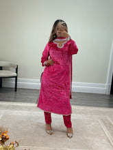 Load image into Gallery viewer, Black/pink velvet embroidered suit with velvet trouser and chiffon duppata