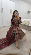 Load image into Gallery viewer, Maroon embroidered suit with full embellishment detailing and organza embroidered duppata. Crepe trouser. Eid collection and party wear