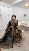 Load image into Gallery viewer, Black Organza embellished 3 piece suit with wide leg silk trouser Eid collection party wear