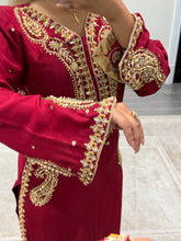 Load image into Gallery viewer, Beautiful handwork embroidered suit in red silk with cotton net duppata and trouser. Perfect wedding wear suit.