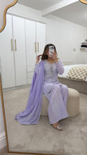 Load image into Gallery viewer, Lilac hand embroidered raw silk 3 piece suit with wide leg trouser Eid collection party wear