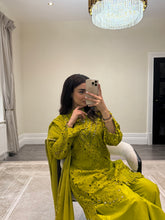 Load image into Gallery viewer, Croatia suit with embellishments and trouser. Chiffon duppata. South Asian party wear suits