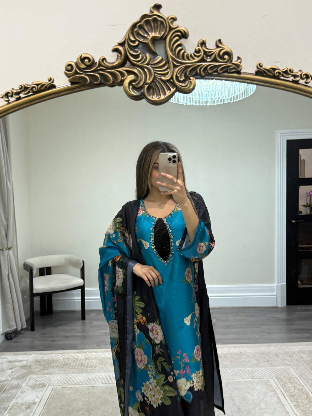 Silk 3 piece suit lulusar inspired with handwork on neckline. Kameez suit.