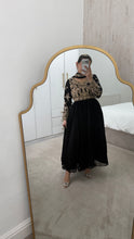 Load image into Gallery viewer, Chiffon frock style suit with sari draped duppata and hand embellishments and silk trouser. Eid collection. Party wear.