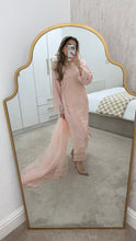 Load image into Gallery viewer, Korean raw silk suit with emrboidery and lace details. Organza duppata. Party wear. Eid collection.