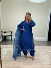 Load image into Gallery viewer, Korean raw silk suit with emrboidery and lace details. Organza duppata. Party wear. Eid collection.