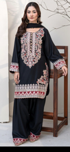 Load image into Gallery viewer, Black and Red Dhanak winter collection short shirt with button detailing with farshi shalwar and embroidered chiffon duppata (Copy)