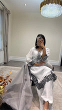 Load image into Gallery viewer, Raw silk black and white hand embroidered 3 piece suit with organza duppata