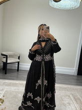 Load image into Gallery viewer, Maria b inspired black chiffon frock with embroidered and rhinestone detailing with trouser and chiffon duppata