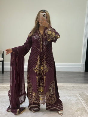 Deep purple Maria b inspired chiffon suit with embellishment and embroidery with chiffon duppata and trouser. Asian party wear suit.