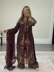Deep purple Maria b inspired chiffon suit with embellishment and embroidery with chiffon duppata and trouser. Asian party wear suit.