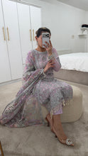 Load image into Gallery viewer, Defective Lilac / silver cotton net embroidered suit with cotton net duppata and crepe trouser (Copy)
