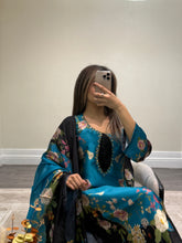 Load image into Gallery viewer, Silk 3 piece suit lulusar inspired with handwork on neckline. Kameez suit.