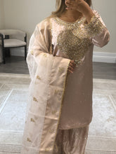 Load image into Gallery viewer, Silk embroidered suit with Gota work and embroidery and silk farshi shalwar and cotton net duppata. Party wear. Asian wedding suit.