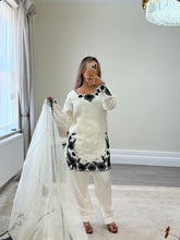Load image into Gallery viewer, Cream and black embroidered cotton silk suit with shalwar and organza duppata with embroidery.