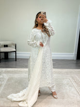 Load image into Gallery viewer, Lace net pearl embellished suit with trouser with chiffon duppata.