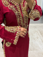 Load image into Gallery viewer, Beautiful handwork embroidered suit in red silk with cotton net duppata and trouser. Perfect wedding wear suit.