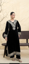 Load image into Gallery viewer, Design 2 Morrored Velvet Embroidered on trend kaftan with trouser and dupatta