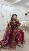 Load image into Gallery viewer, Pink Organza embellished 3 piece suit with wide leg silk trouser Eid collection party wear