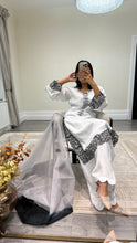 Load image into Gallery viewer, Raw silk black and white hand embroidered 3 piece suit with organza duppata