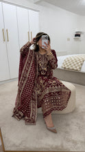 Load image into Gallery viewer, Maroon embroidered suit with full embellishment detailing and organza embroidered duppata. Crepe trouser. Eid collection and party wear
