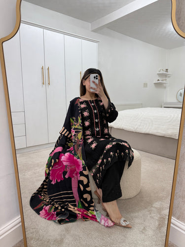 Black Embroidered viscose 3 piece suit with embroidered leg trouser and pashmina duppata