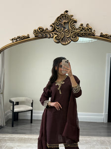 brown hand embroidered raw silk suit with farshi shalwar and chiffon duppta party wear suit