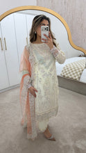 Load image into Gallery viewer, White sparkle chiffon embroidered suit with cotton net duppata and crepe trouser