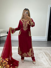 Load image into Gallery viewer, Beautiful handwork embroidered suit in red silk with cotton net duppata and trouser. Perfect wedding wear suit.