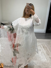 Load image into Gallery viewer, White embroidered shirt with floral print organza duppata and silk trouser