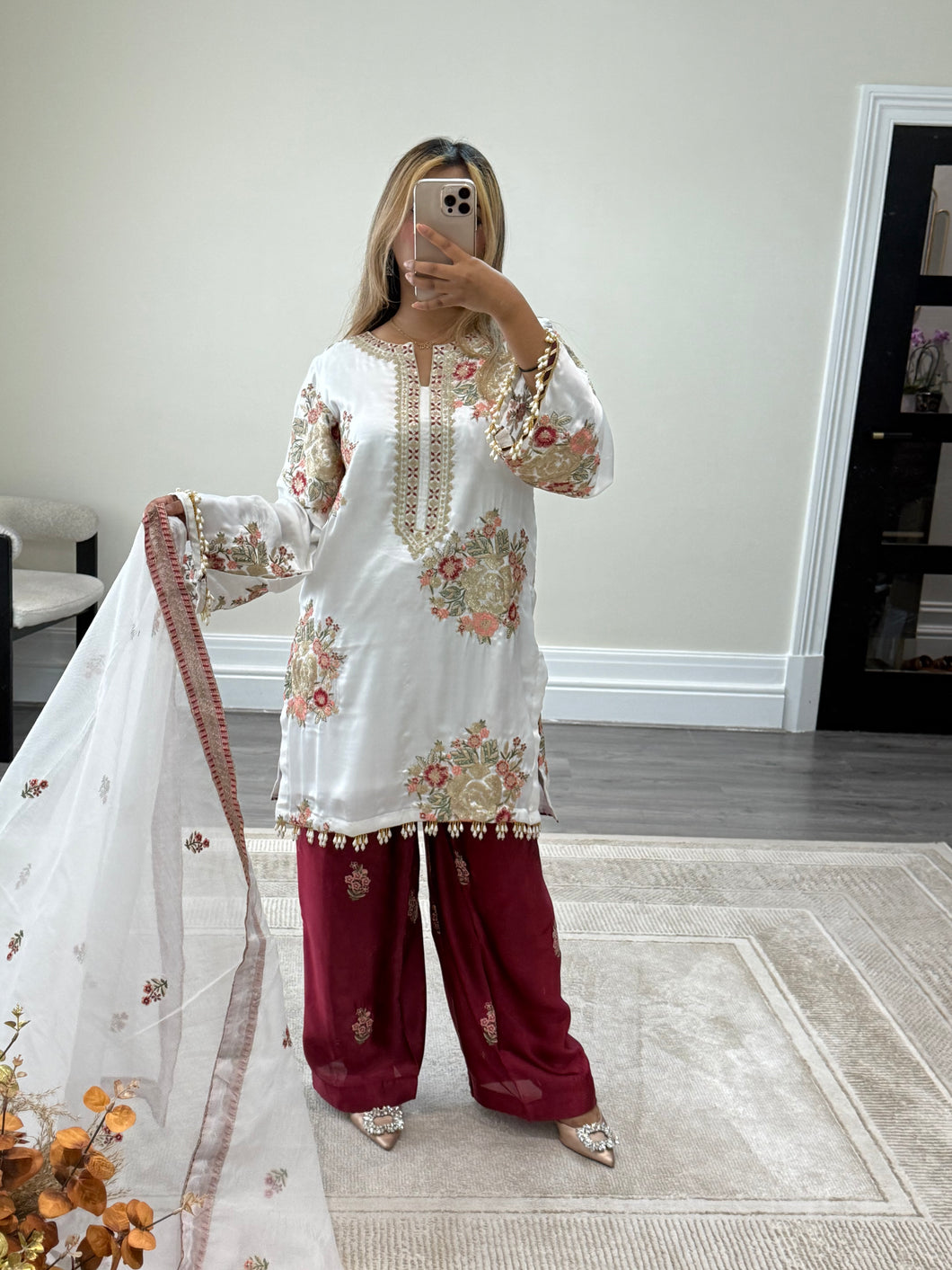 Ethnic inspired silk suit with full sequin embroidery. Wide leg trouser. Khadi net duppata. Fully embroidered party wear Asian suit.