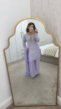Load image into Gallery viewer, Lilac hand embroidered raw silk 3 piece suit with wide leg trouser Eid collection party wear