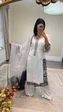 Load image into Gallery viewer, Raw silk black and white hand embroidered 3 piece suit with organza duppata