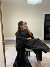 Load image into Gallery viewer, Crochet sleeve shirt with farshi shalwar and silk duppata with pearl finishing throughout