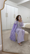 Load image into Gallery viewer, Lilac hand embroidered raw silk 3 piece suit with wide leg trouser Eid collection party wear